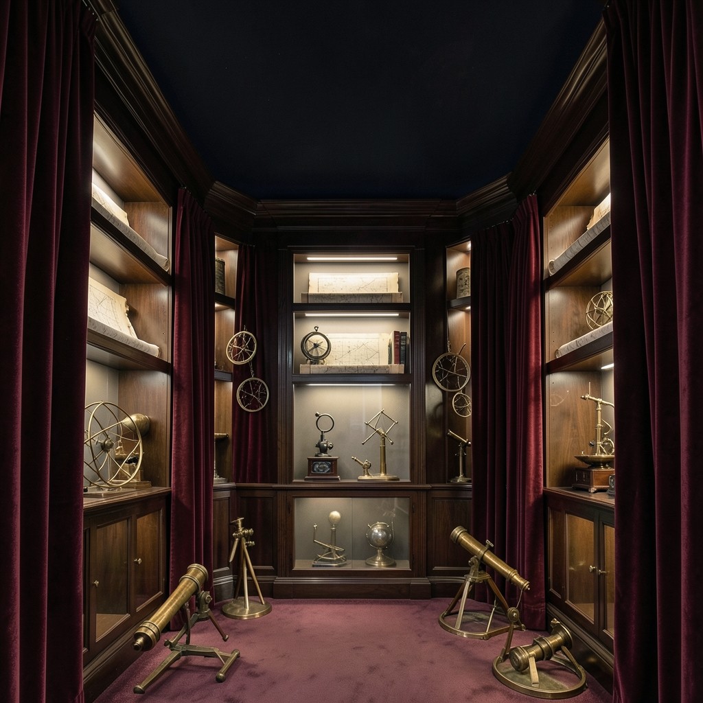 Velvet observatory-like study with charts and antique copper instruments on a dark wood desk