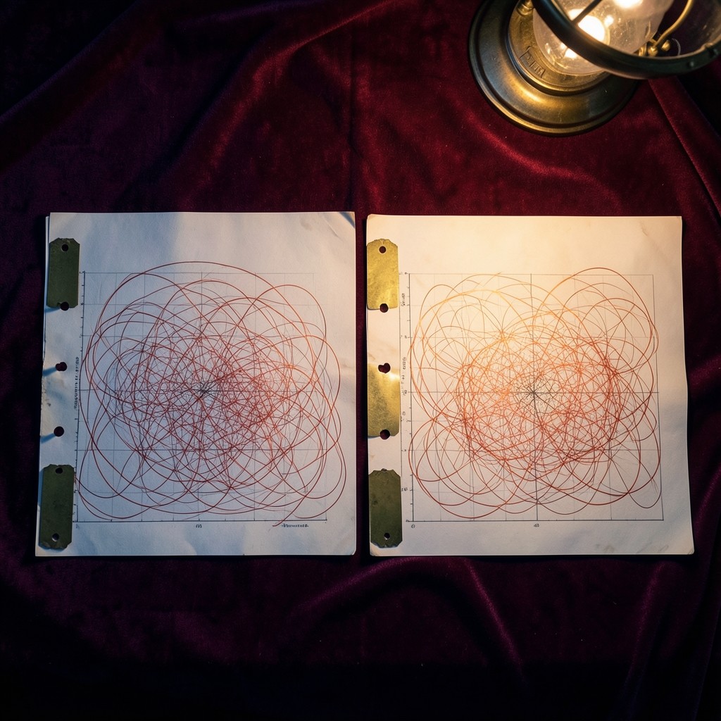 Sequence of annotated chart sheets laid across a velvet-draped desk