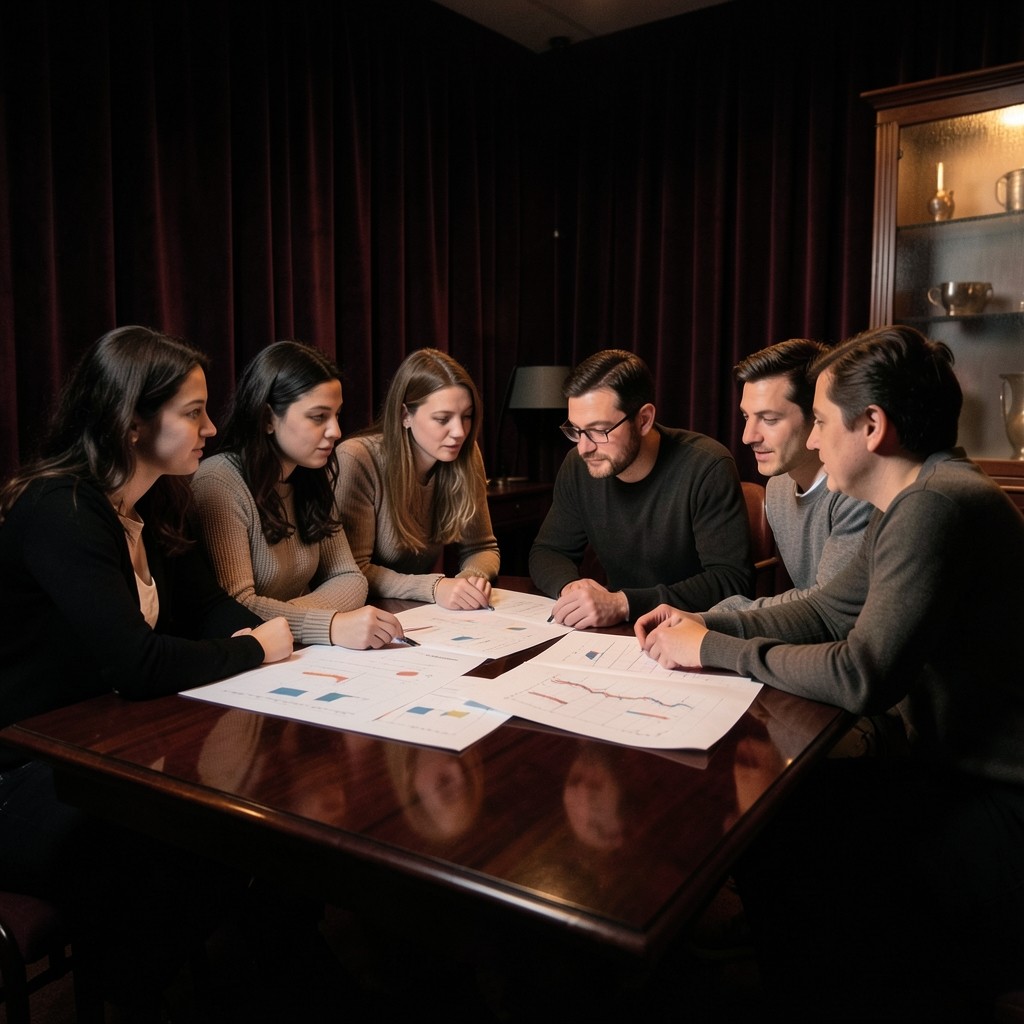 Small evening class reviewing annotated swing charts around a lacquered table
