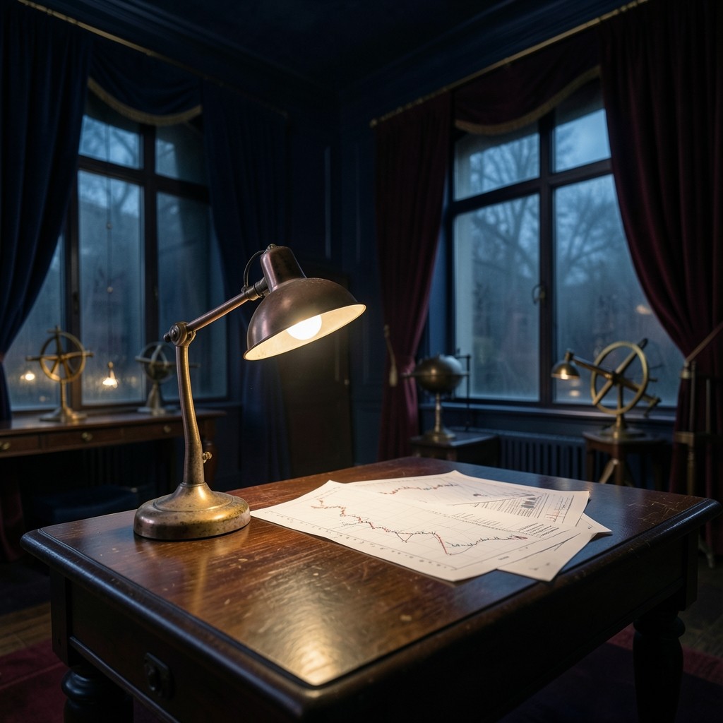 Velvet-lit classroom table with printed equity charts and copper desk lamp