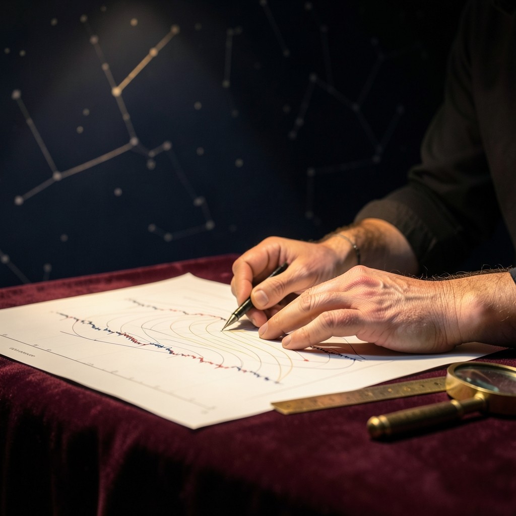 Instructor marking swing highs on a large printed chart under warm copper light